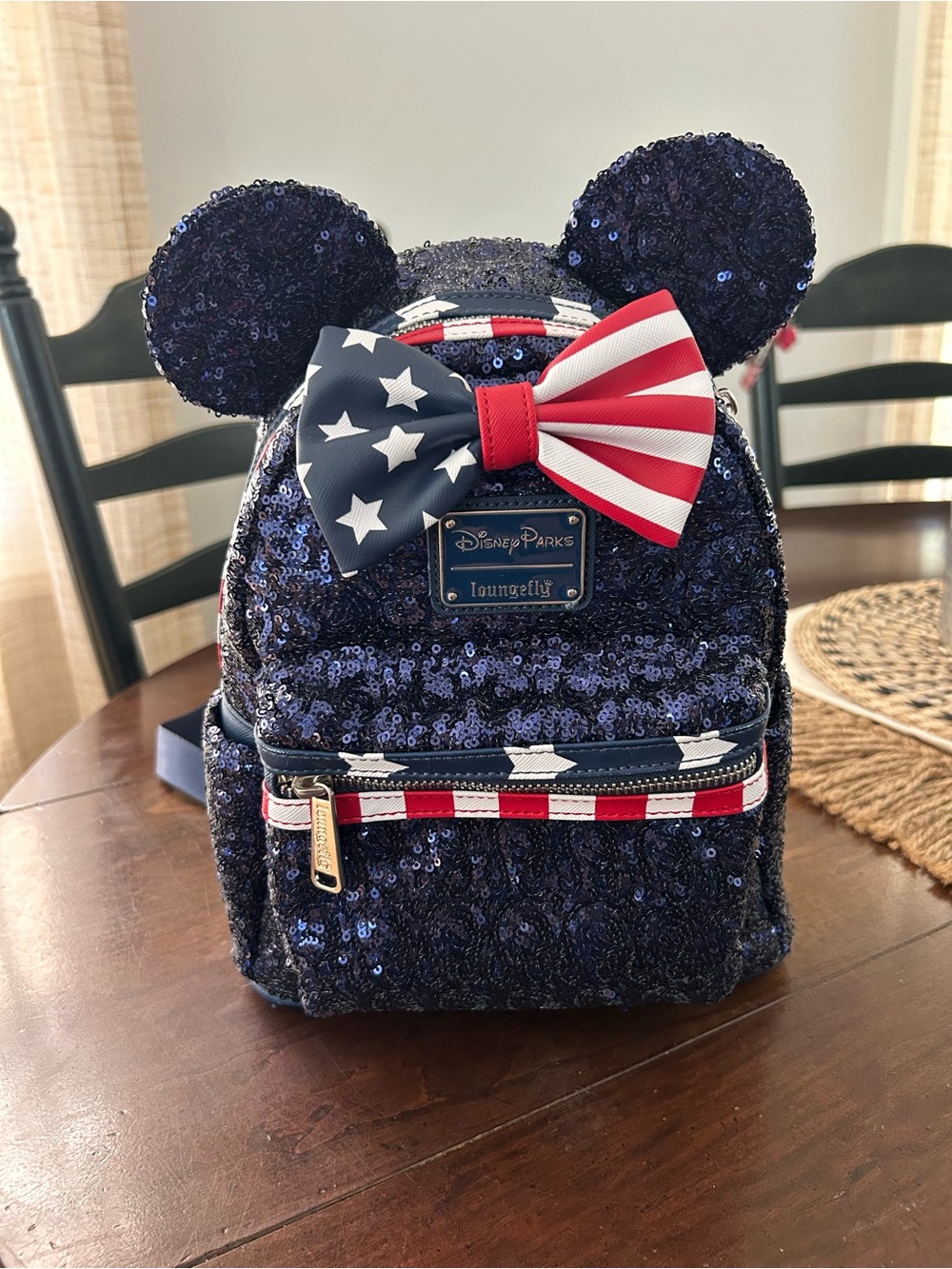Loungefly Disney Parks Navy Sequin Minnie Ear Backpack with American Flag Bow - Picture 1 of 5
